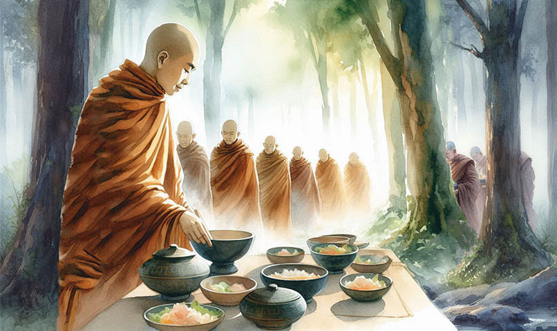 佛陀教導目犍連尊者在佛歡喜日，設齋供僧，以此功德而使他的亡母超生。